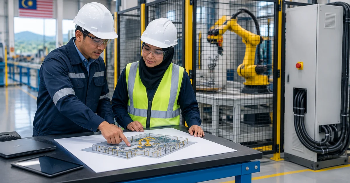 Engineers discussing an automation project beside a robot cell on a factory floor in Penang