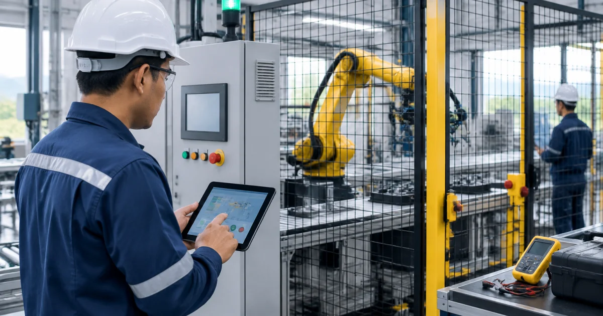Engineer commissioning an automated robot cell beside an industrial control cabinet