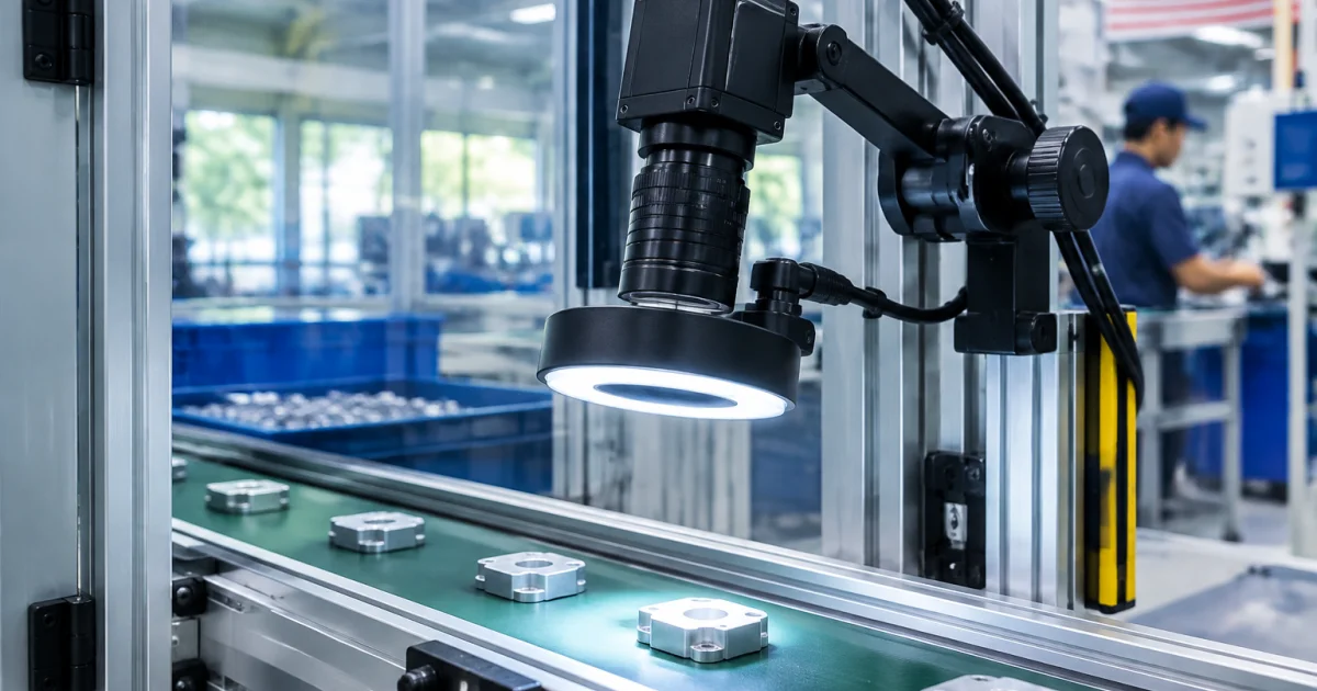 Industrial machine vision station with camera, lens, and lighting aimed at a component on a conveyor