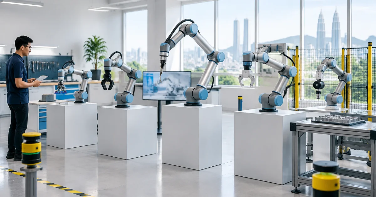 Several collaborative robot arms displayed in a clean industrial demo lab for comparison
