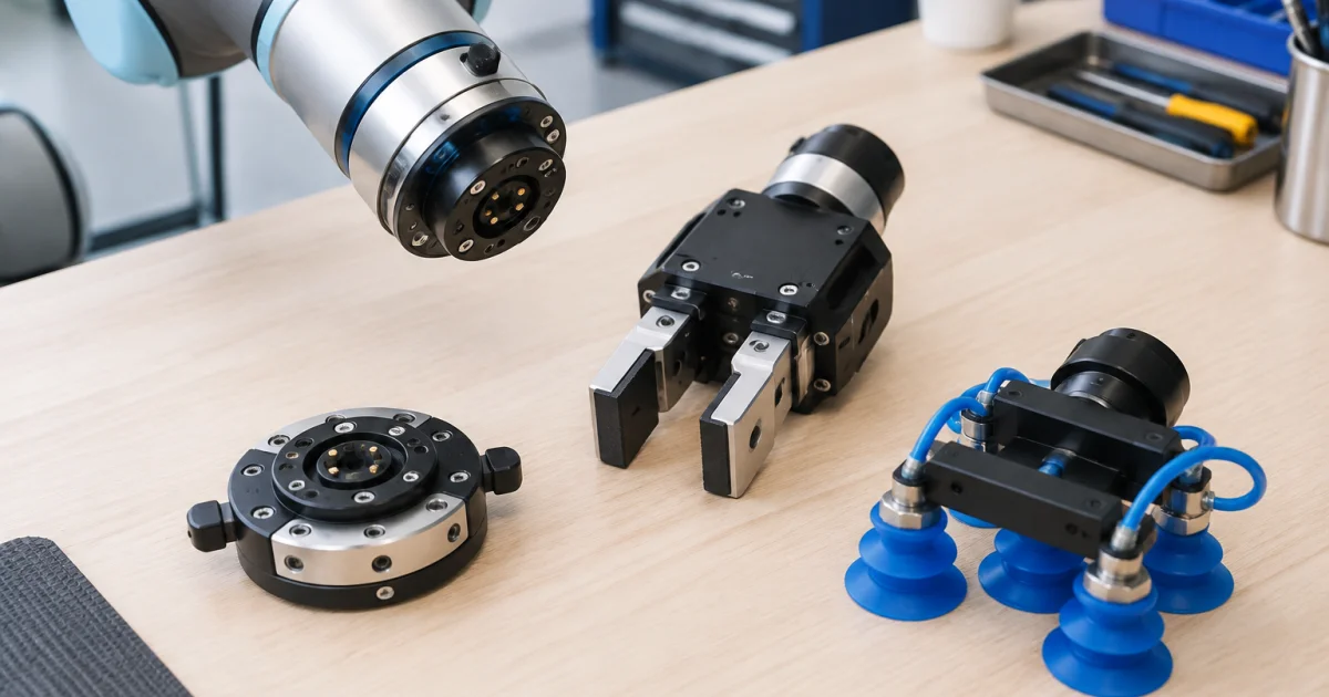 Collaborative robot end-effector options including an electric gripper and a vacuum gripper on a workbench