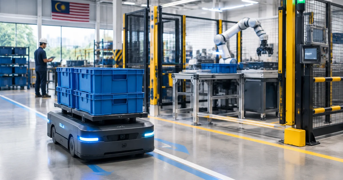 Autonomous mobile robot moving bins near a collaborative robot cell in a modern Malaysian smart factory
