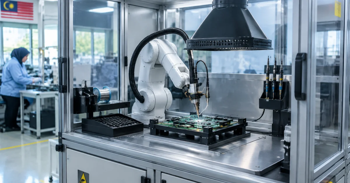 Robotic soldering arm working above a PCB fixture inside an ESD-safe automation cell