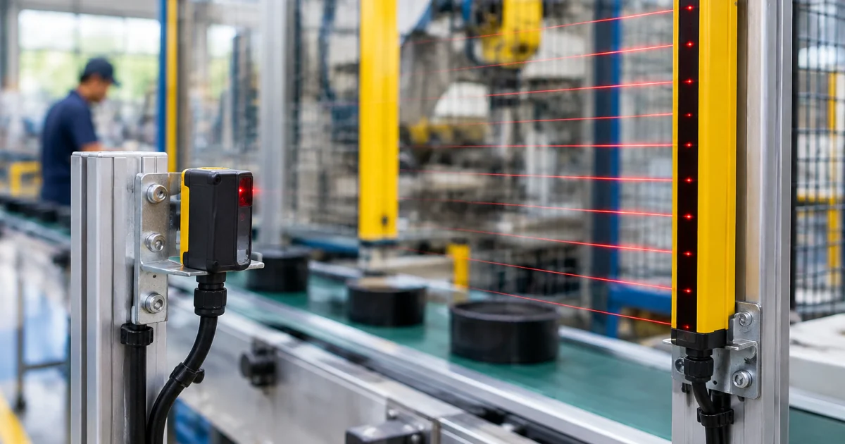 Industrial sensors mounted near a conveyor, including a photoelectric sensor and a safety light curtain