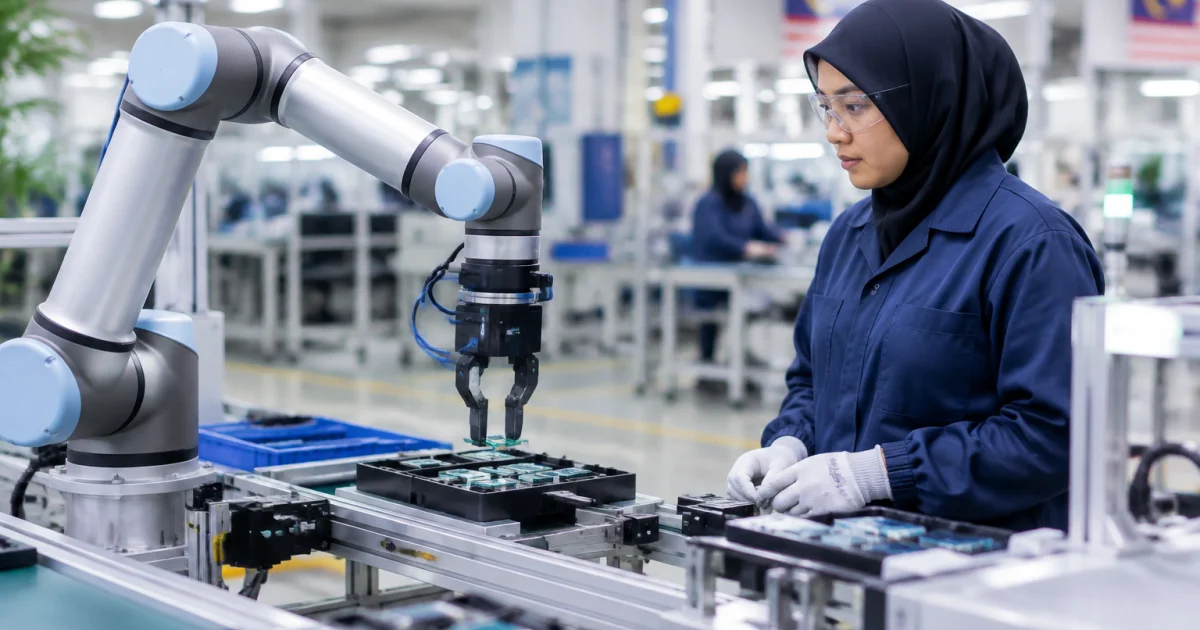 Collaborative robot working beside a technician in a modern manufacturing cell in Malaysia