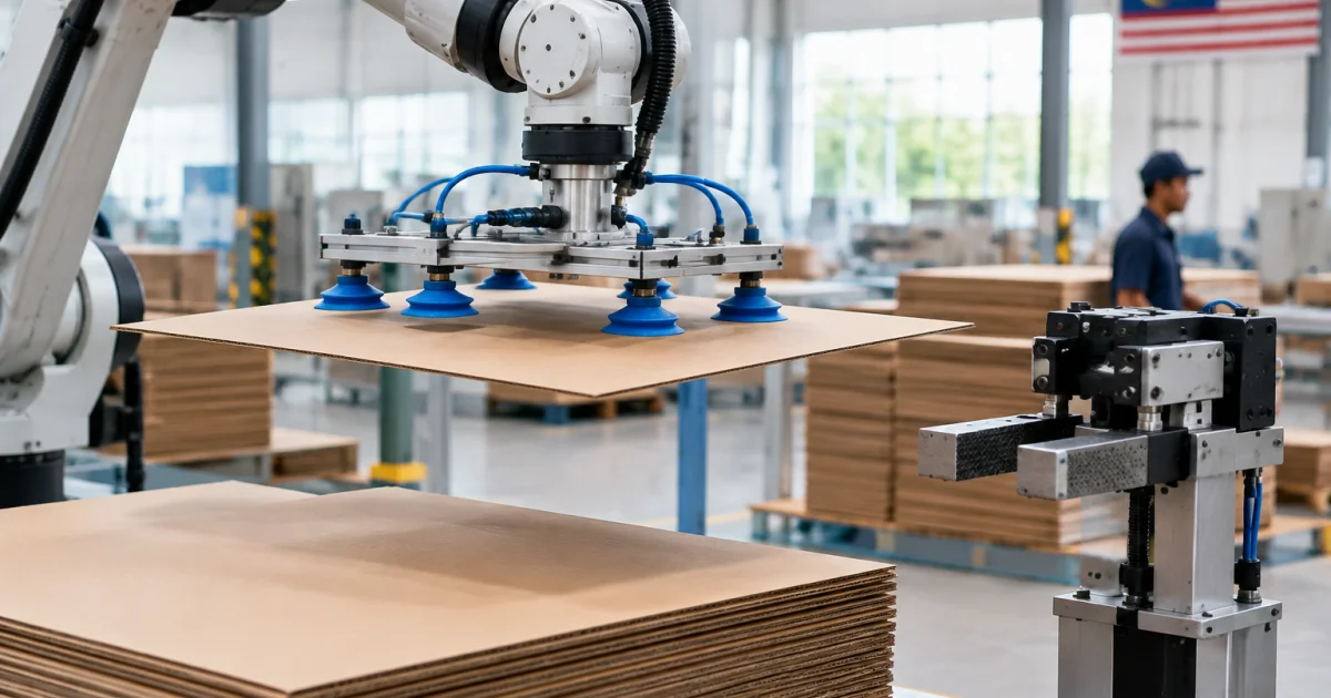 Robot using a vacuum gripper to lift a flat sheet material, with a mechanical gripper tool nearby